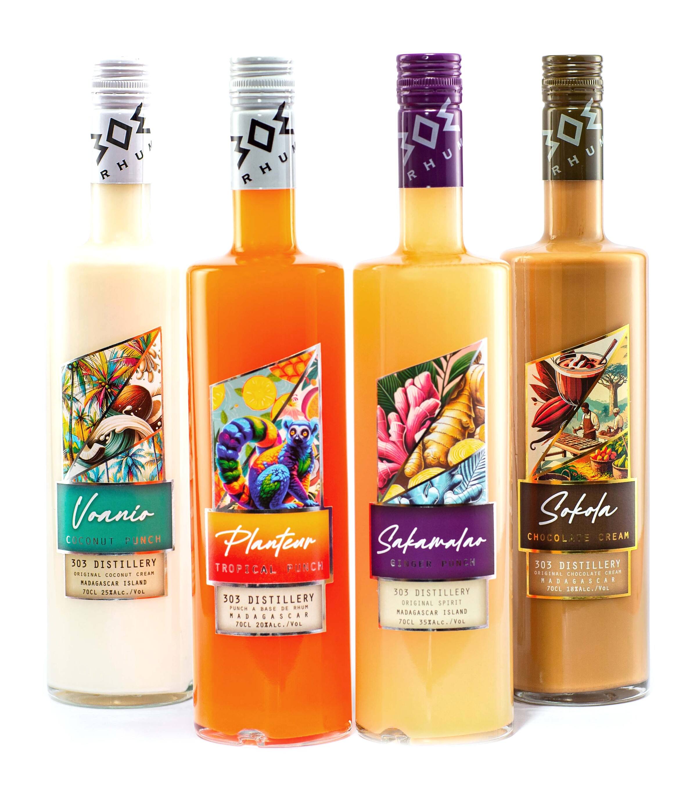Les quatre bouteilles : Voanio, Planteur, Sakamalao et Sokola